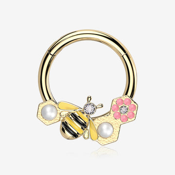 Golden Bumble Bee Pearlescent Honeycomb Flower Clicker Hoop Ring